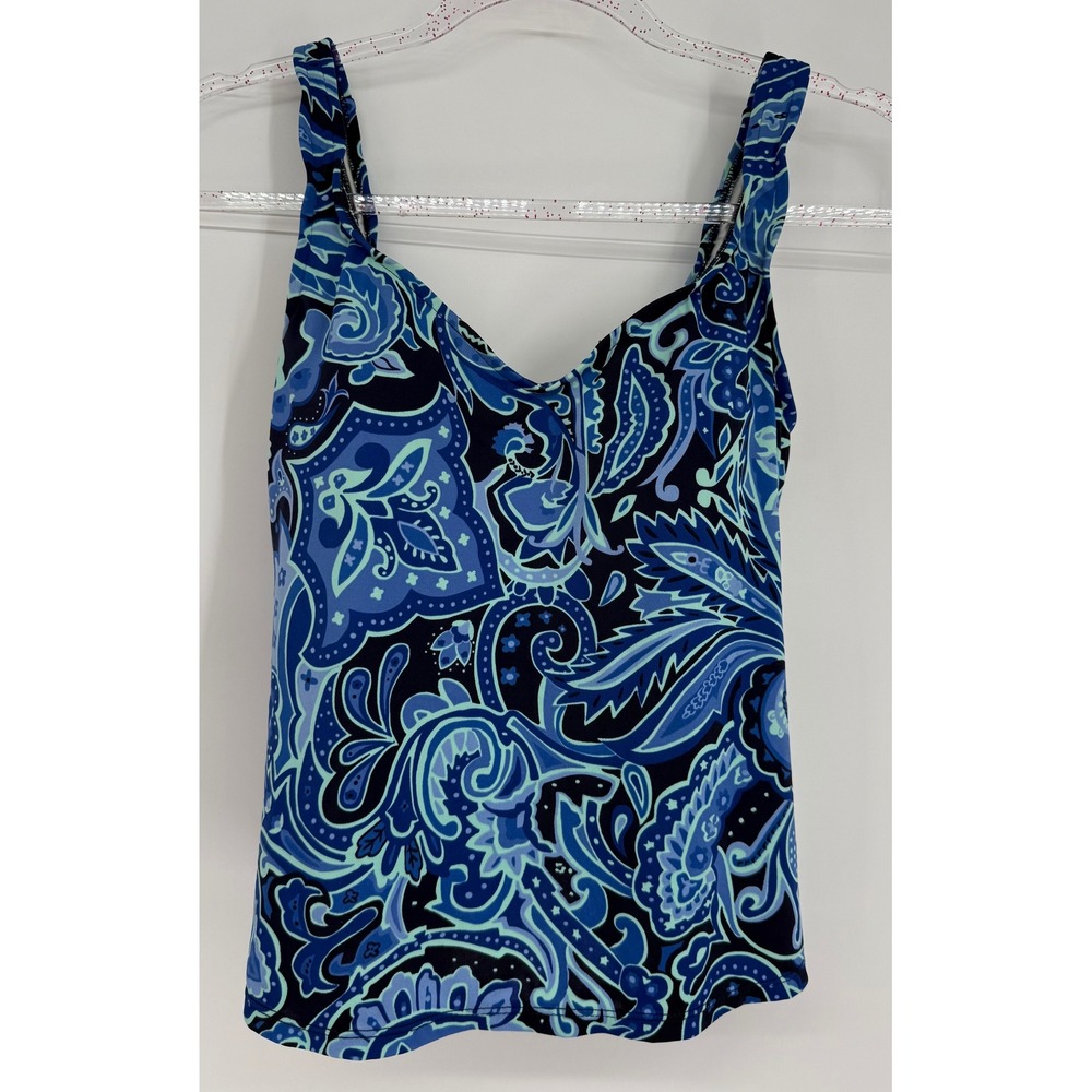 Jantzen Classics Womens Blue Paisley Tankini Top Swimsuit Sz 10 V-Neck